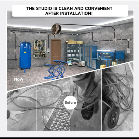 Garage setup with Three Quarters Inch Shop Air Line Kit With 200 Foot HDPE Aluminum Piping Rapid Air System installed, highlighting clean workspace after installation.
