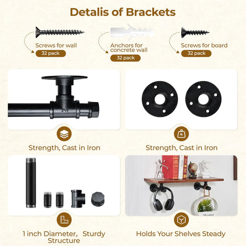 Dope Industrial Black Iron Wall Mount Pipe Shelving Bracket Rustic Decor hardware details and installation kit
