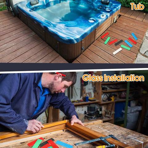 300 Piece Plastic Flat Shims For Leveling Tile And Surfaces, Multi Thickness Set displayed near hot tub and glass installation