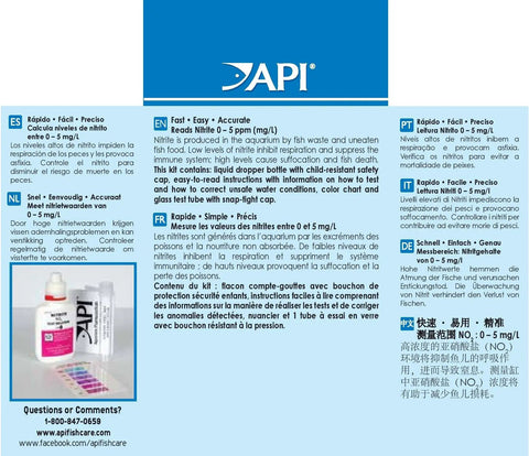 API nitrite test kit instructions showing multiple languages and a dropper bottle, part of No Fuss Nitrite Test Kit For Freshwater And Saltwater Aquariums.