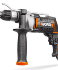 Knockout Impact Drill Packing 810 Watts And A Beefy 13 Mm Chuck Featuring Variable Speed Control, side view showing grip and chuck.