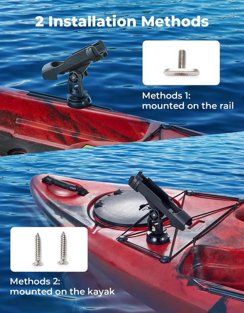 Beefy Kayak Rod Holder With 360 Degree Adjustable Lock, T Shaped Screw Or Track Mount On Rail, Works For Kayaks Canoes And Fishing Boats, Heavy Duty ABS Fishing Pole Holder For Anglers mounted on kayak rail