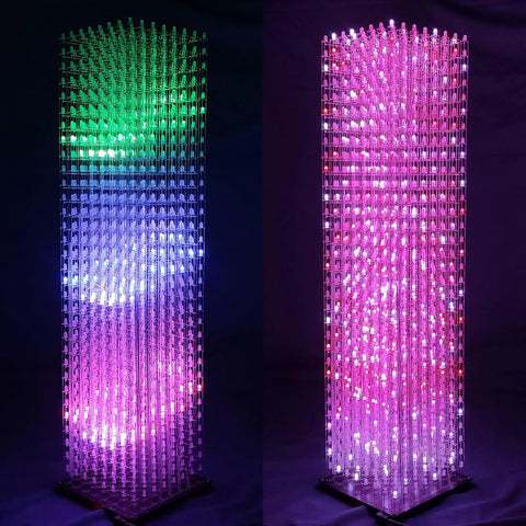 DIY LED Cube Kit For Soldering Projects With 8x8x32 RGB LEDs, Pre Soldered Mainboard And Pre Programmed Controller, Perfect For Electronics Courses And Hobbyists, Dynamic Lighting Effects And Easy Assembly. 8x8x32 RGB LED cube lit green, blue, and pink