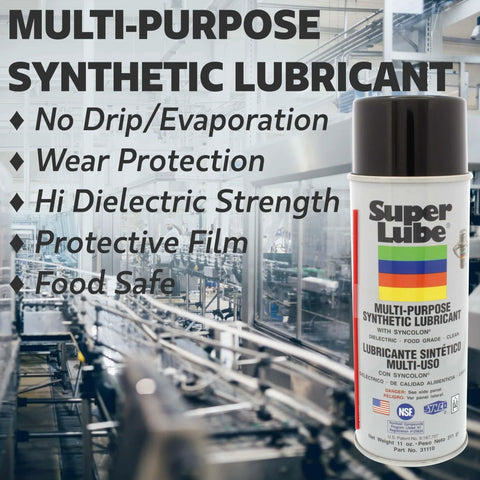 Can of Multi Purpose Synthetic Lubricant With Syncolon PTFE For Heavy Duty Gear And Machinery Aerosol No Drip Grease Food Grade H1 next to industrial equipment background
