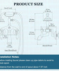 Clawfoot Tub Faucet Matte Black With Handheld Shower, Wall Mount Tub Filler, size diagram, showing waterfall spout dimensions