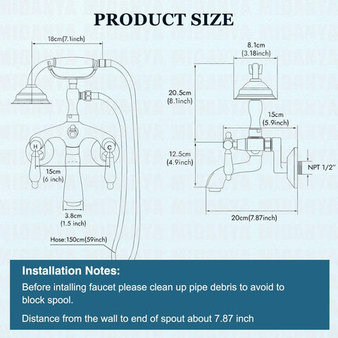 Clawfoot Tub Faucet Matte Black With Handheld Shower, Wall Mount Tub Filler, size diagram, showing waterfall spout dimensions