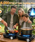 Family using Two Burner Camping Stove With 24000 BTU Total Heat, Foldable Propane Stove Includes Carry Bag, Windscreen And Griddle in backyard