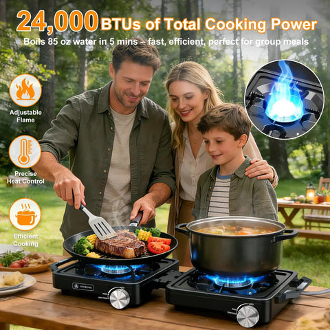 Family using Two Burner Camping Stove With 24000 BTU Total Heat, Foldable Propane Stove Includes Carry Bag, Windscreen And Griddle in backyard