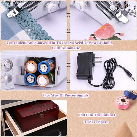 Handheld Sewing Machine With Elegant Wooden Box And 153 Piece Kit showing components and power options