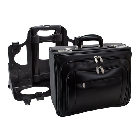 Patented Detachable Wheeled 17 Inch Leather Catalog Briefcase Workhorse with wheel system detached, showcasing black leather