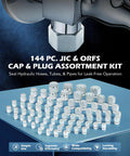 Heavy Duty Hydraulic Hose Cap And Plug Kit 144 Piece JIC And ORFS Fittings Set In Dash Sizes 4 6 8 10 12 16 displayed