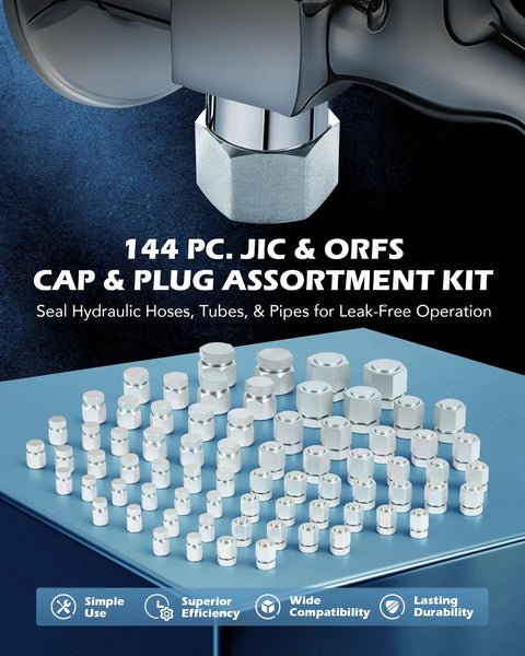 Heavy Duty Hydraulic Hose Cap And Plug Kit 144 Piece JIC And ORFS Fittings Set In Dash Sizes 4 6 8 10 12 16 displayed