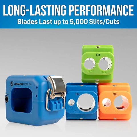 Microduct Slitting Tool Kit For 7 Mm To 20 Mm Ducts Six Diameter Coverage Clean Precise Cuts Ultra Lightweight Under 6 Oz Compact Field Ready With Tether Hole, blue and color-coded cartridges