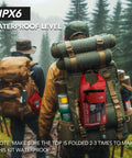 Red waterproof first aid kit attached to a green hiking backpack in rainy forest.