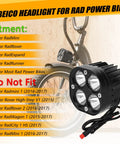 Rad Power Bikes Headlight Replacement Kit 6000K LED Waterproof Headlamp with bike fitment chart and black design