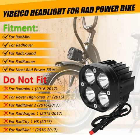 Rad Power Bikes Headlight Replacement Kit 6000K LED Waterproof Headlamp with bike fitment chart and black design