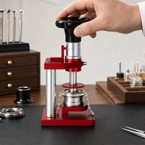 Pro Grade Screw Type Watch Press Tool With Gradual Pressure Control for crystal bezel replacement, hand adjusting red press tool.