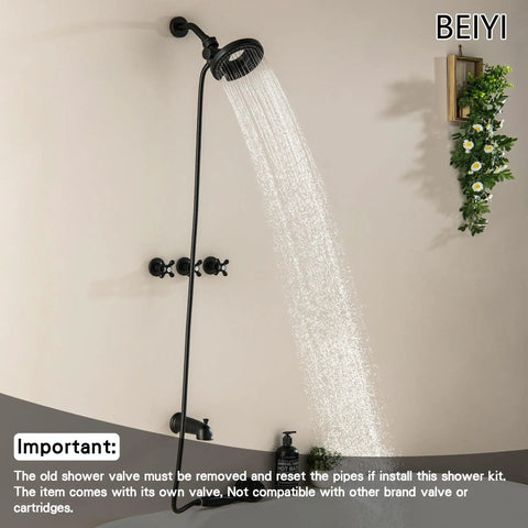 Matte Black Three Handle Shower Faucet Set With Long Tub Spout Perfect For Bathtub Shower Combo Complete Kit Includes Valve