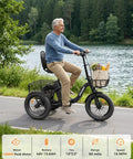 Adult E Trike With 1200W Peak Motor 18 MPH 3 Riding Modes And 748.8Wh Removable Battery For Smooth Acceleration Easy Hill Climbing And Daily Errands For Commuting Trails And Weekend Fun And City Cruising. Adult man riding black electric trike by a lake with front basket and rear cargo rack