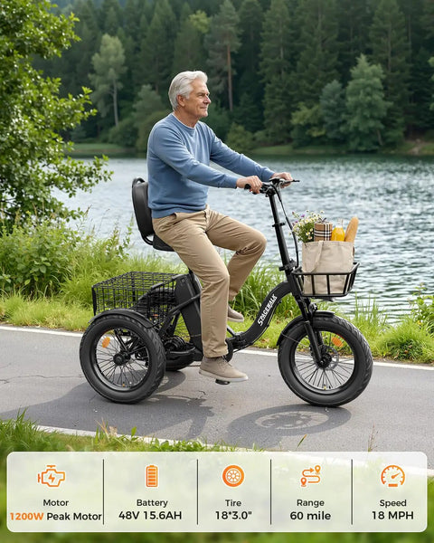 Adult E Trike With 1200W Peak Motor 18 MPH 3 Riding Modes And 748.8Wh Removable Battery For Smooth Acceleration Easy Hill Climbing And Daily Errands For Commuting Trails And Weekend Fun And City Cruising. Adult man riding black electric trike by a lake with front basket and rear cargo rack