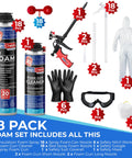 Pro Grade Knockout Spray Foam Insulation Kit With Teflon Spray Gun And Quick Rinse Cleaner 18 Pack includes cans, tools, and safety gear.