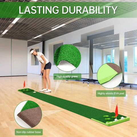 Person using Golf Putting Game Set For Indoor And Outdoor With Front Border Mat Includes 4 Balls 1 Portable Bag 2 Flags And Cups