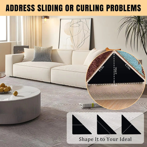 Ultra Thin Rug Tape Set With 12 Reusable Sheets, detail of tape securing rug on hardwood floor in living room, black