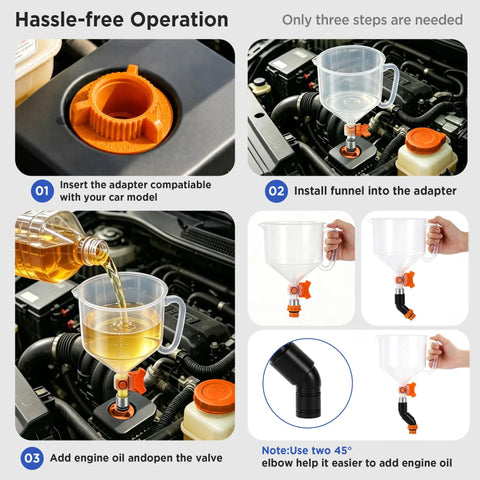 Universal Spill Proof Engine Oil Funnel Kit With Flow Control Valve showing adapter installation and oil pouring steps