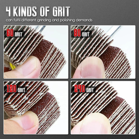 Close-up of 20 Pcs Flap Wheel Set For Drill And Die Grinder With Six Sizes And 60 80 120 240 Grit One Quarter Inch Shank Abrasive Flap Wheels