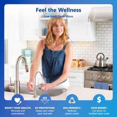 Woman using Under Sink 11-Stage Alkaline Reverse Osmosis Water Filtration System With UV Light, 100 GPD, in a kitchen setting