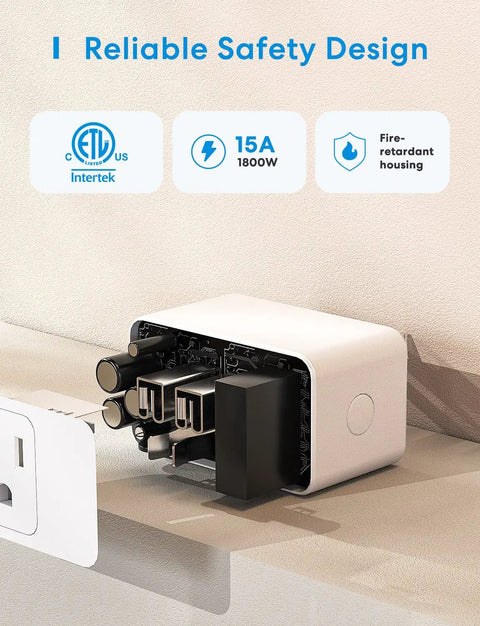 Inside view of Smart Plug Mini Pack Of Four With 15 Amp Power, 2.4GHz WiFi, compact design, fire-retardant housing.