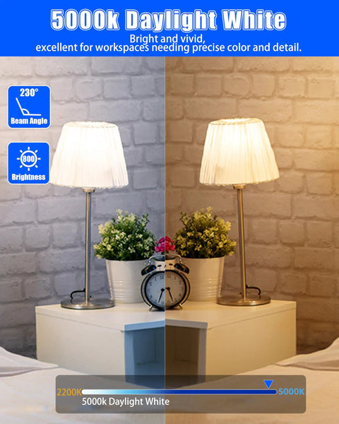 Comparison of 5000K daylight white vs 2200K light on lamps, showcasing 10W LED Light Bulbs 60W Equivalent A19 E26 Dimmable 800 Lumens