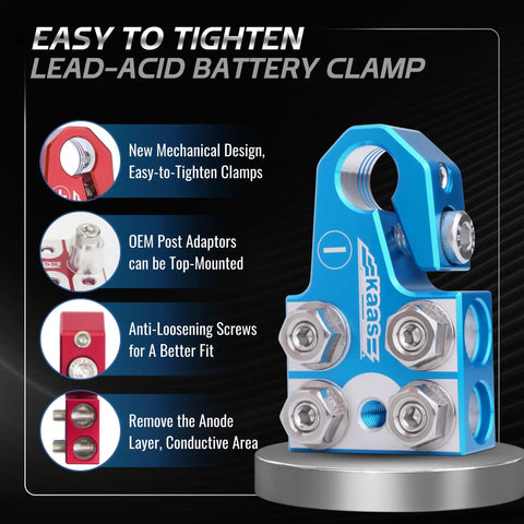Beefed-Up 8-Way Battery Terminal Connector Kit With Positive And Negative Set For SAE DIN EN Tapered Top Post Compatible With 8AWG To 40 AWG Includes OEM Top Post Adapter And Top Mounted Distribution Block For Easy Vehicle Electrical Upgrades, blue metal clamp