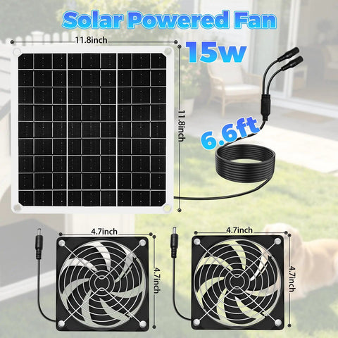 Solar Powered Coop Fan Kit With 15W Panel Keeps Your Coop Cool, Dual Four Point Seven Inch By Four Point Seven Inch IP65 Waterproof Fans, Outdoor Ventilation For Chicken Coops Greenhouses Sheds Dog Houses And Pet Enclosures