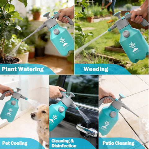 Half Gallon Garden Hand Pump Sprayer With 360 Degree Spray Rod Adjustable Nozzle in use for plants, patio, and pet cooling