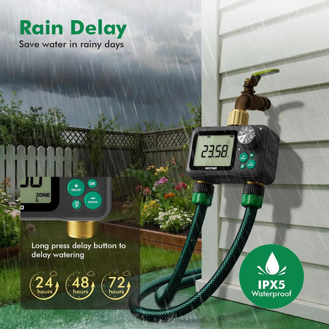Remote Control Brass Sprinkler Timer For Outdoor Hose Faucet Two Zone System mounted on wall with rain delay feature visible.