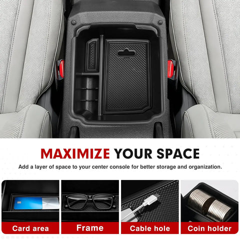 Center Console Organizer For Taos And Tiguan 2022 To 2026 And 2018 To 2024 with silicone mats and insert tray, top view in car
