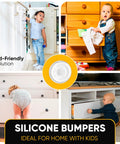 Collage showing children safely opening cabinets and drawers with Clear Silicone Bumper Pads 0.5 Self Adhesive Jelly Button Cushions Cabinets.