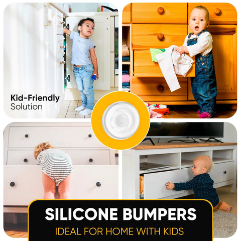 Collage showing children safely opening cabinets and drawers with Clear Silicone Bumper Pads 0.5 Self Adhesive Jelly Button Cushions Cabinets.