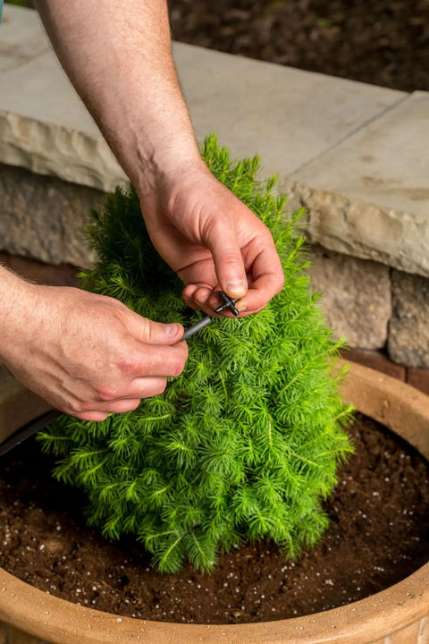 Hands connecting tubing from Drip Irrigation Repair And Expansion Kit With 102 Universal Parts, 100 Feet Self Dispensing One Quarter Inch Tubing