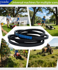 Beefed Up Deck Belt Half Inch By 145 Inch Replacement For Ikon mowers shown with gardening tasks in background