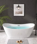 59 Inch Acrylic Freestanding Bathtub Glossy White Deep Ergonomic Soaking Tub with water in modern bathroom setting.