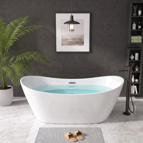 59 Inch Acrylic Freestanding Bathtub Glossy White Deep Ergonomic Soaking Tub with water in modern bathroom setting.