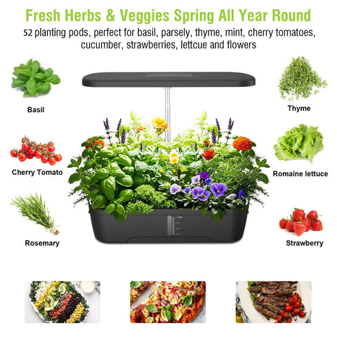 Indoor Hydroponics Garden System With 52 Pods, Smart LED Grow Light, showing herbs and vegetables growing year-round.