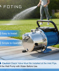 Plug And Play 1.6HP Portable Shallow Well Pump With A Heavy Duty Stainless Build, 1600 GPH flow, on a deck with a lawn in the background.