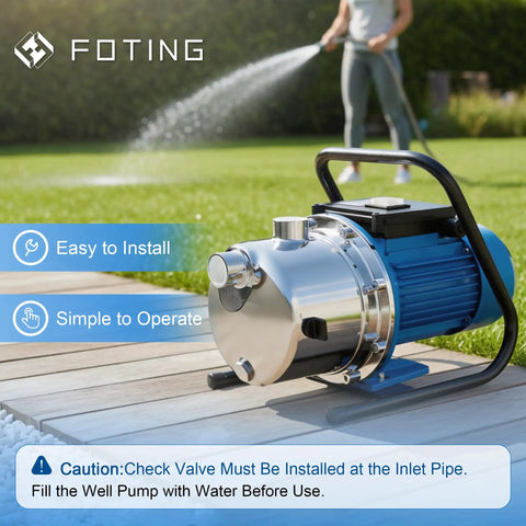 Plug And Play 1.6HP Portable Shallow Well Pump With A Heavy Duty Stainless Build, 1600 GPH flow, on a deck with a lawn in the background.