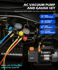 Heavy Duty Auto AC Vacuum Pump Kit With Four CFM One Third HP Motor Plus Four Way Manifold Gauge Leak Detector and R134a R22 R410a Refrigerant Lines shown in engine bay setup.