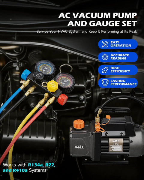 Heavy Duty Auto AC Vacuum Pump Kit With Four CFM One Third HP Motor Plus Four Way Manifold Gauge Leak Detector and R134a R22 R410a Refrigerant Lines shown in engine bay setup.