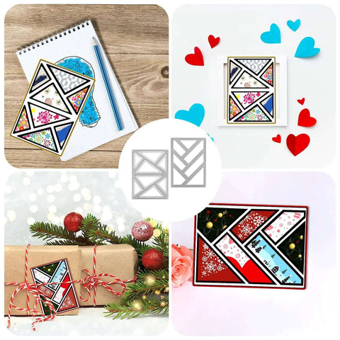 Collage of geometric die cuts for card making and scrapbooking background dies with hollow frame, carbon steel, rectangle and triangle designs