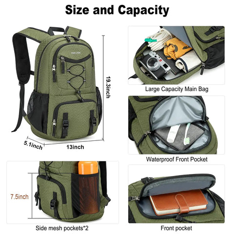 Lightweight 35L Foldable Hiking Backpack For Men And Women, Waterproof Outdoor Daypack with size and capacity details, green